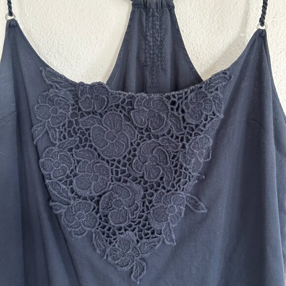 Ruehl Tank Top M Blue Spaghetti Strap Halter Crochet Trim Braided Straps - Picture 2 of 10